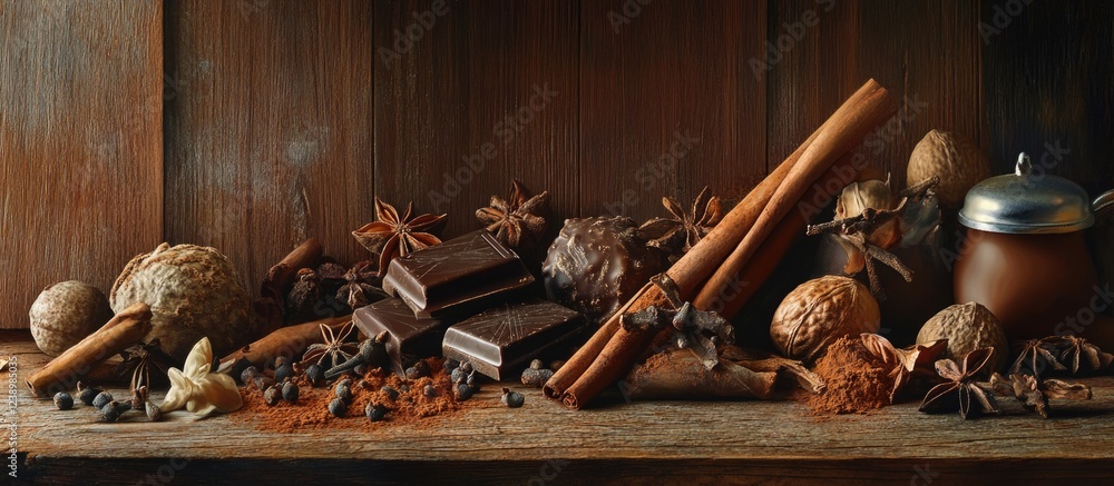 Poster chocolate and spices arrangement on wooden table with cocoa powder nuts and cinnamon sticks copy spa
