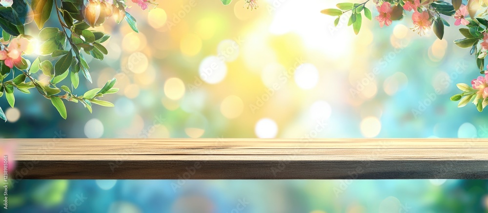 Poster wooden tabletop with floral border and soft bokeh background ideal for display and product placement