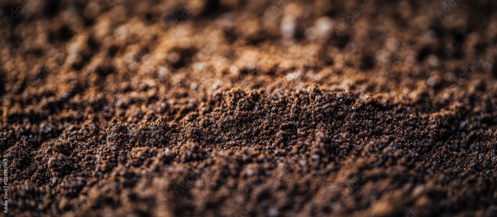 Poster close-up view of finely ground coffee powder with rich texture and earthy tones suitable for backgro