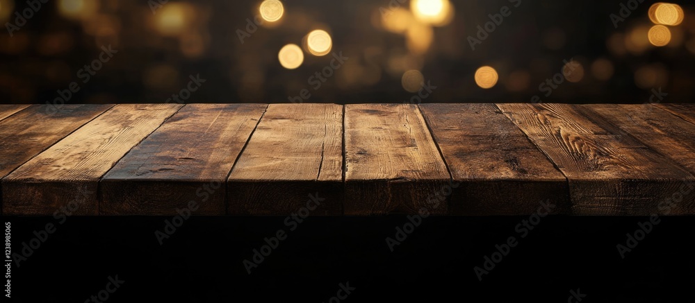 Poster wooden tabletop with warm bokeh background and dark space for text or design elements copy space