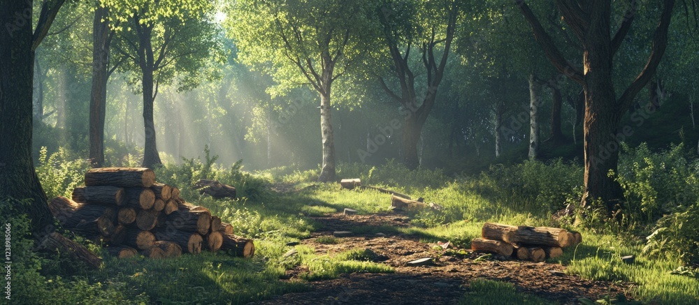 Poster Lush green forest landscape with sunbeams filtering through trees and stacked logs along a dirt pathway Copy Space