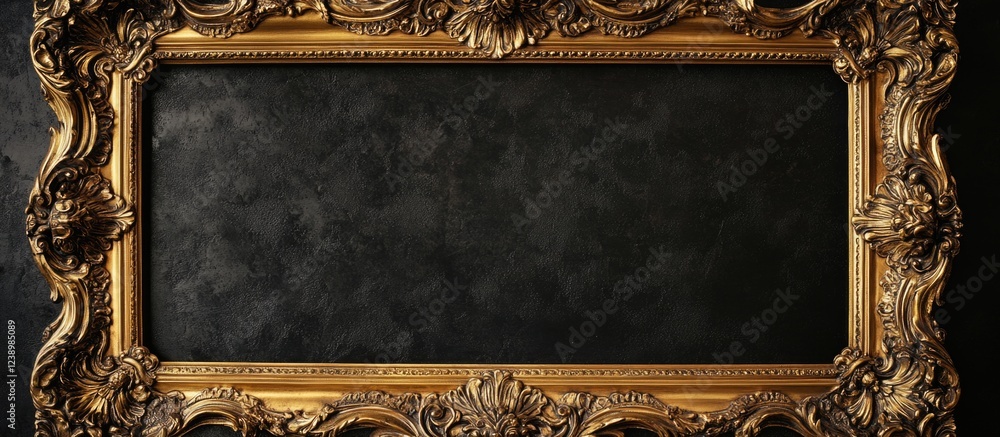 Poster elegant antique gold picture frame on dark textured background with ample copy space for text and ar
