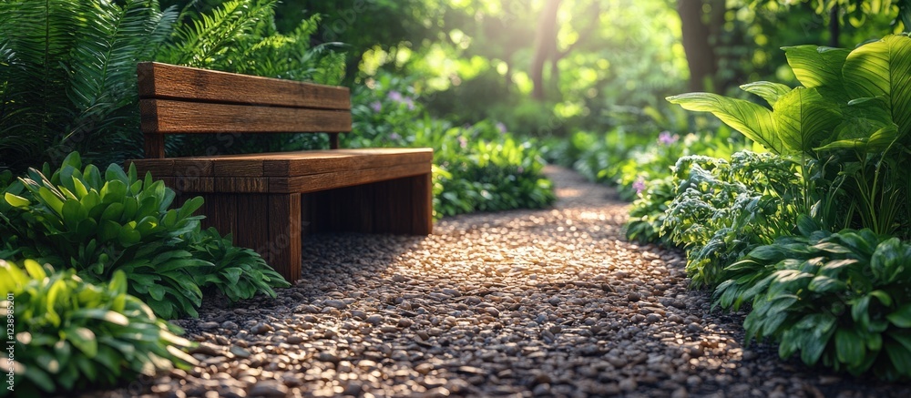 Poster wooden bench on a pathway in a lush green garden surrounded by leafy plants and sunlight filtered th