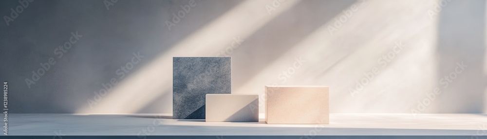 Poster stark white light illuminates modular props on a minimalist black box stage, creating an atmosphere 