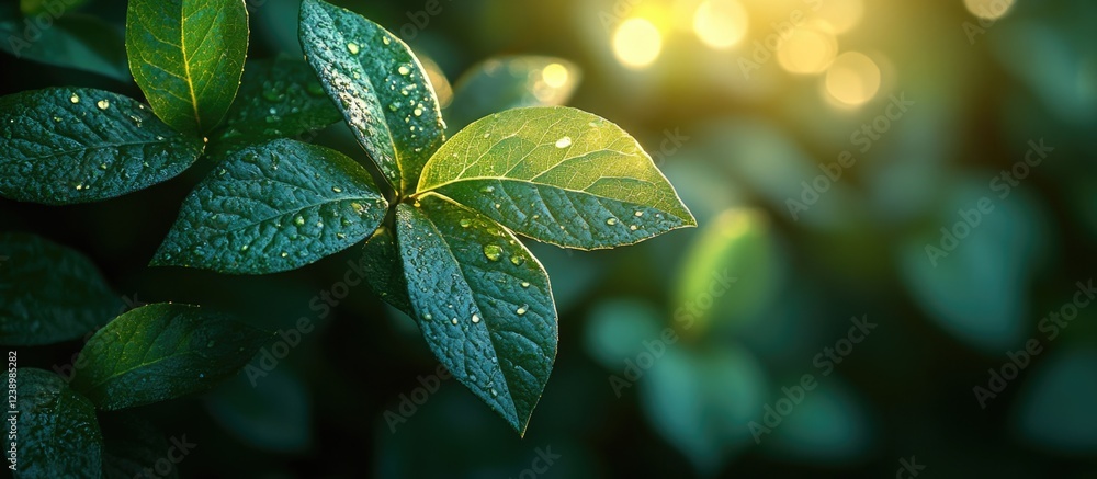 Aufkleber close-up of green leaves with dew drops illuminated by soft sunlight against a blurred background co