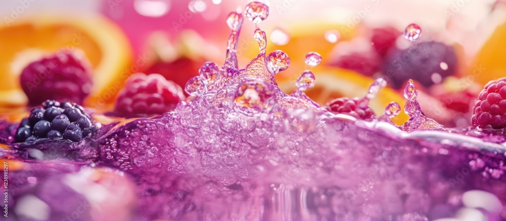 Aufkleber Colorful fruit splashes in purple liquid with raspberries and oranges in the background creating vibrant visual impact and texture Copy Space