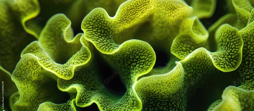 Poster close-up of vibrant green coral texture with intricate patterns and undulating edges suitable for ba