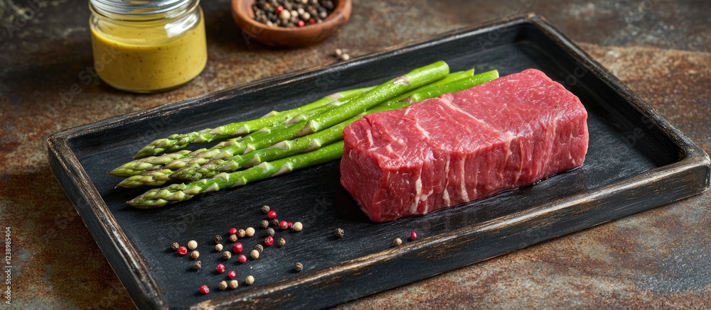 Poster raw beef steak with fresh asparagus spears and assorted peppercorns on wooden serving tray with must