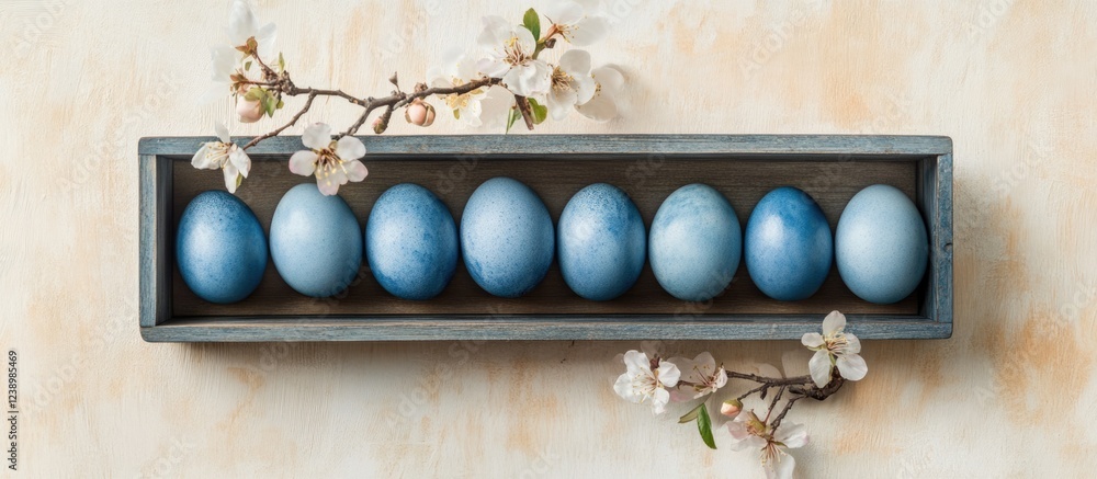 Aufkleber blue dyed eggs arranged in a wooden tray with cherry blossom branches on a textured background copy 