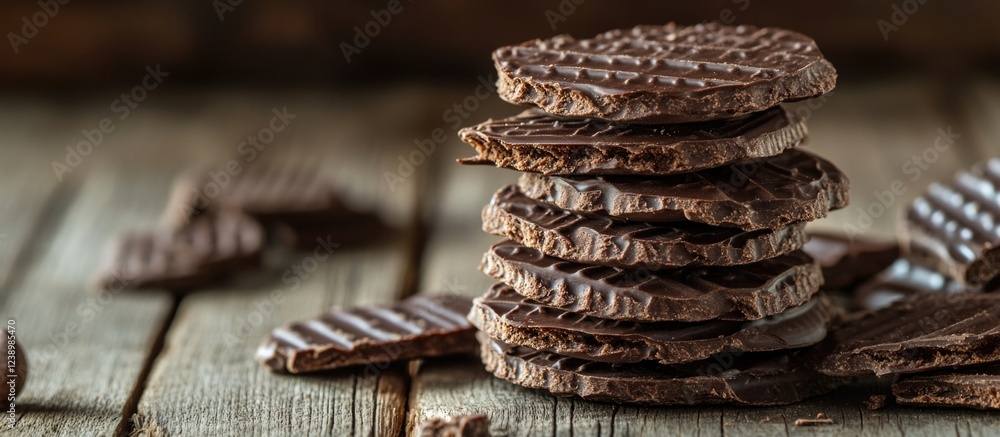 Leinwandbilder stack of chocolate wafers with textured surface on wooden background with scattered pieces and copy 