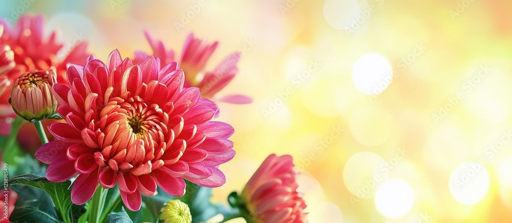 Poster vibrant red chrysanthemum flowers with blurred colorful bokeh background providing ample copy space 