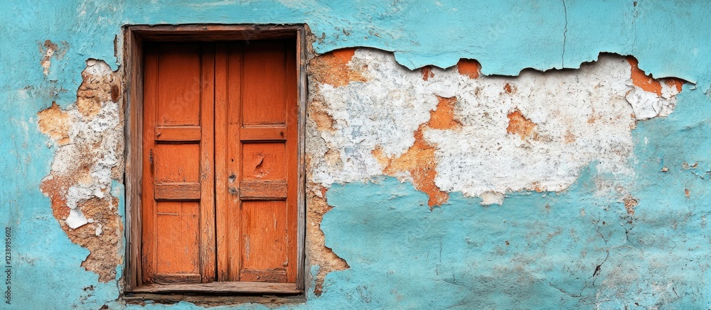 Poster old weathered wall with peeling paint and an orange wooden door creating a rustic urban texture copy