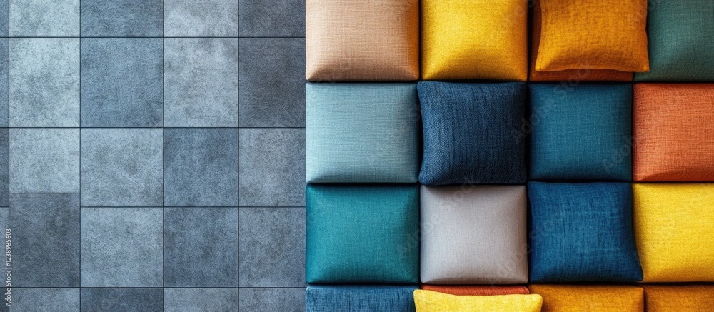 Poster colorful decorative pillows arranged on patterned floor tiles with copy space for text.