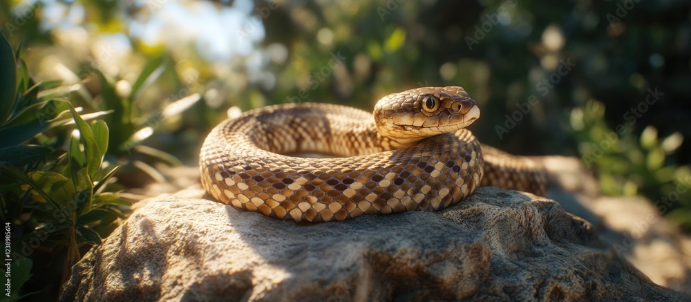 Poster close-up view of a coiled snake resting on a rock surrounded by greenery in a natural outdoor enviro