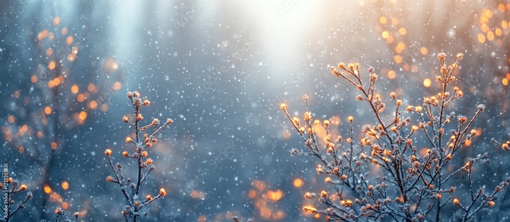 Poster snow-covered branches with warm glowing lights, gentle snowfall in a serene winter landscape with so