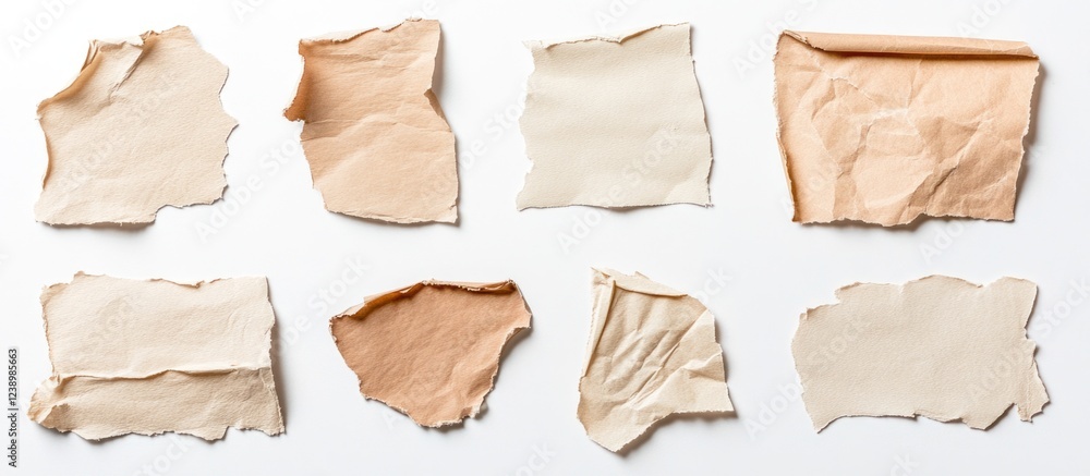 Poster Assorted torn paper pieces in beige and cream shades arranged on a white background with copy space for text.