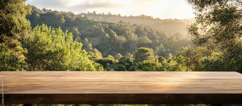 Poster wooden table in front of scenic view of green hills and forest during golden hour with copy space fo
