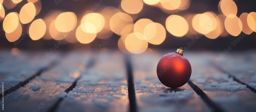Poster red christmas bauble on wooden surface with snow and blurred warm lights in background creating fest