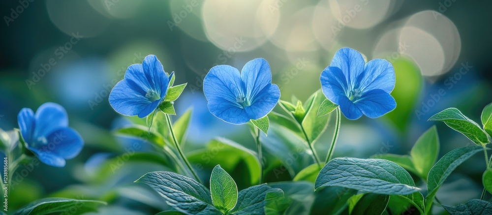 Poster blue flowers with green leaves and blurred background depicting soft natural light and bokeh effects
