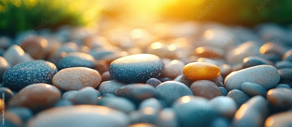 Poster colorful pebbles on a beach at sunrise with soft lighting and shallow depth of field copy space