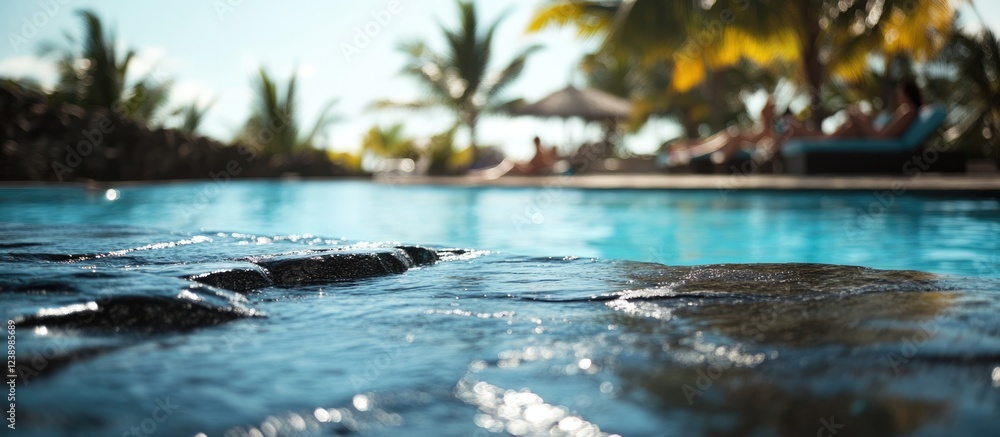 Aufkleber close-up of tranquil swimming pool with clear water and rocky edge surrounded by tropical palm trees