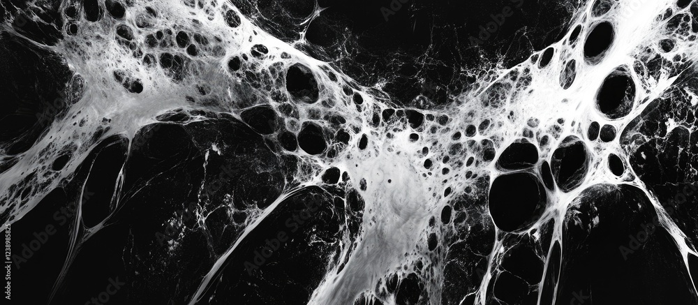 Aufkleber Abstract black and white texture with organic shapes and patterns resembling bubbles or biological structures on a dark background Copy Space