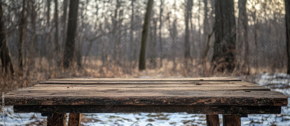 Aufkleber wooden table in a snowy forest with fog and trees in the background copy space