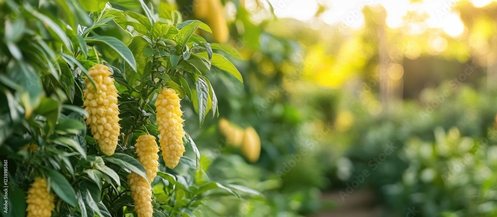 Poster golden flower clusters hanging from lush green foliage in a vibrant garden setting with soft sunligh