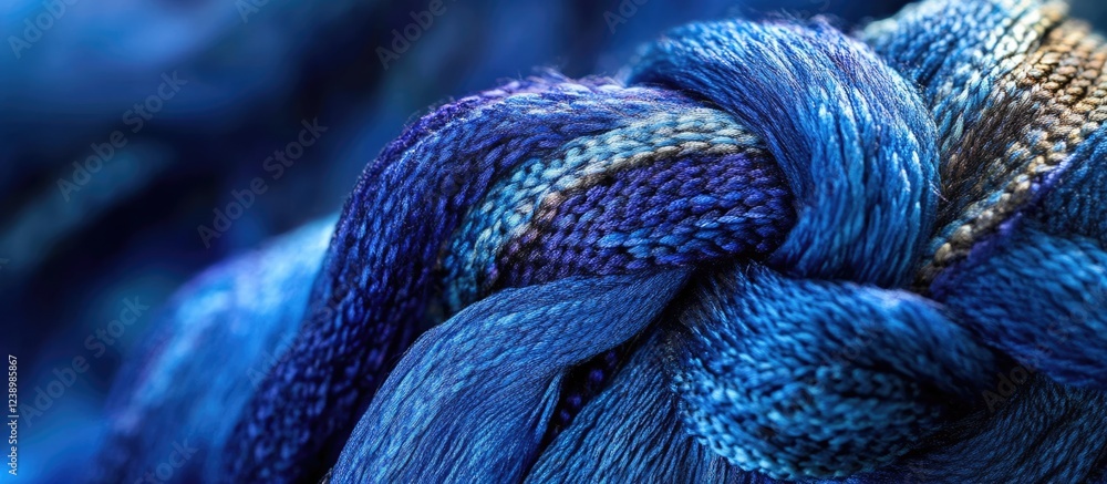 Poster close-up of intricately woven blue threads showcasing texture and depth with vibrant shades of blue 