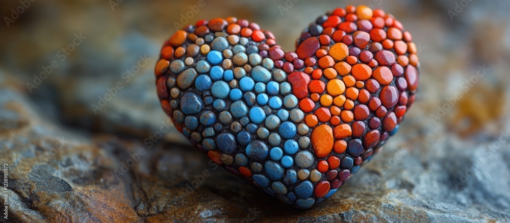 Poster Handcrafted heart shaped stone made of colorful pebbles set on textured rock surface with selective focus. Copy Space