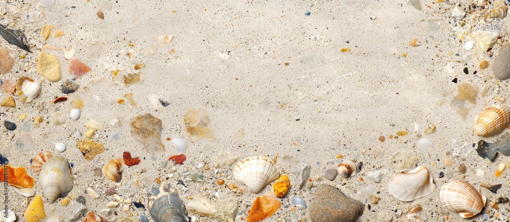 Aufkleber Sea shells and pebbles scattered on sandy beach surface with empty space for text or design elements Copy Space