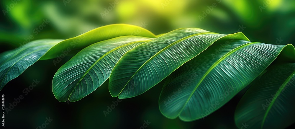Poster close-up of green tropical leaves with detailed texture and vibrant color gradients natural backgrou