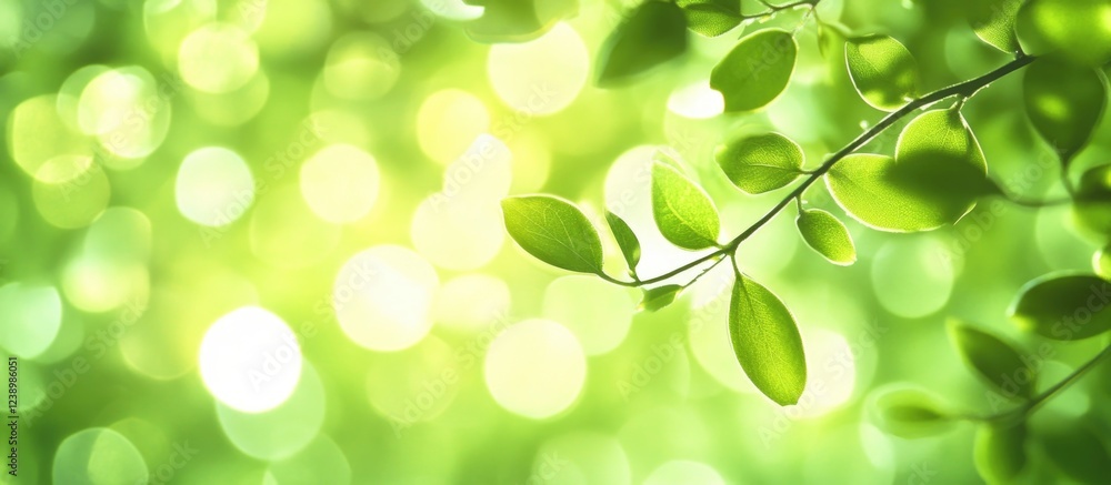 Poster green leaves with bokeh background capturing natural light and reflections suitable for text overlay