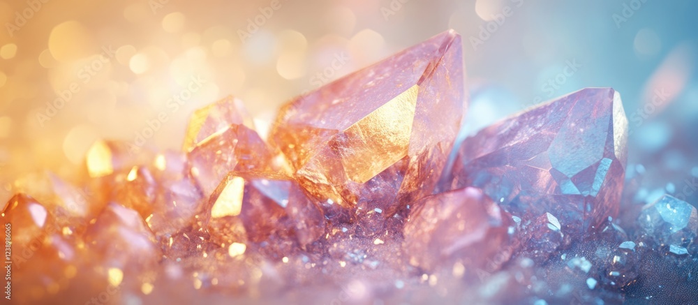 Aufkleber Colorful sparkling crystals with various shapes and sizes on a soft pastel background with bokeh effects and copy space.