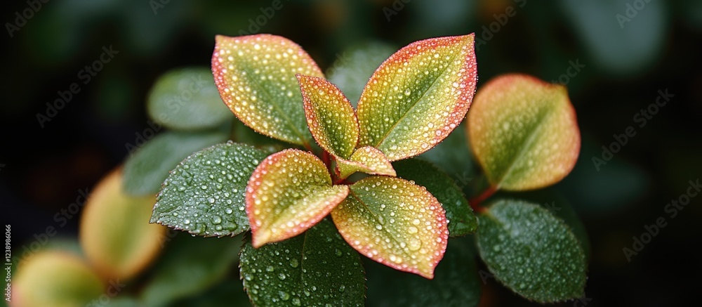 Poster close-up of water droplets on vibrant green and orange leaves with blurred background and ample copy