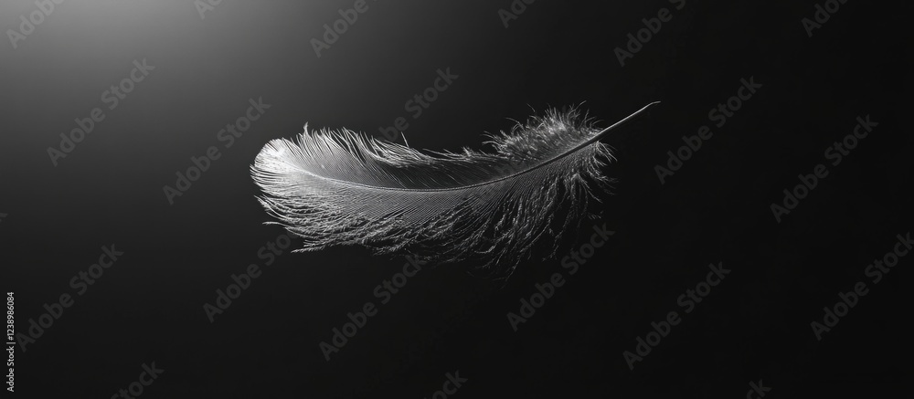 Aufkleber Isolated delicate feather floating in air against a dark background with soft light highlighting its texture and detail Copy Space