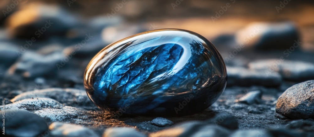Poster shiny black gemstone with blue reflections on gravel surface in soft natural light showcasing textur