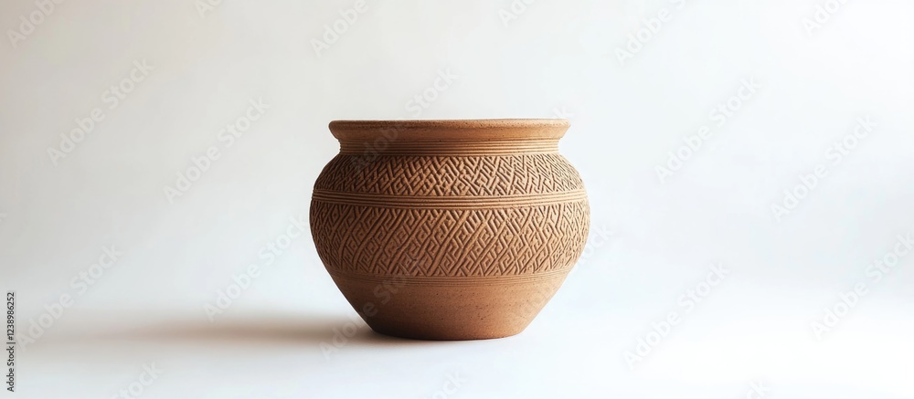 Poster decorative clay pot with intricate patterns on a neutral background showcasing textures and design f