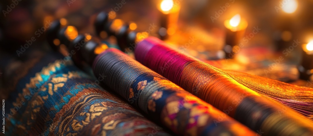 Poster colorful traditional textile spools with ornate patterns and soft lighting from candles creating a w