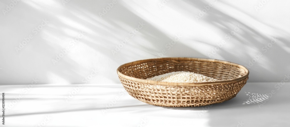 Poster woven basket filled with rice on a white surface with soft shadows and ample copy space for text.