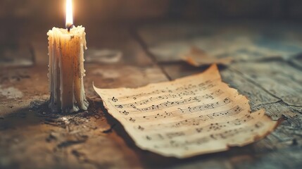 Forgotten, dustcovered musical notes written on yellowed paper, softly lit by a candle