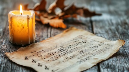 Forgotten, dustcovered musical notes written on yellowed paper, softly lit by a candle