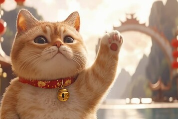 A cute, fluffy, sad cat slowly waves its paw as if saying goodbye or hello. A ginger cat against a blurry Chinese landscape