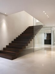 Fototapeta premium Contemporary cantilevered staircase featuring dark wooden floating steps in a modern interior design.