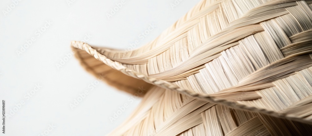 Poster woven straw hat detail with texture and pattern on a light background with copy space