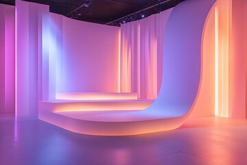 This stage features a sleek design illuminated by abstract light projections, creating a vibrant atmosphere that emphasizes creativity and modern aesthetics during a creative event