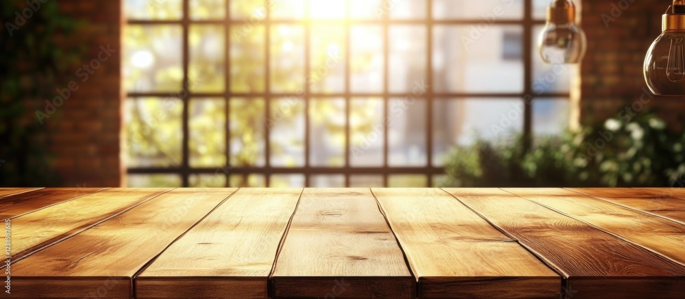 Poster wooden table surface with warm sunlight streaming through large windows in a rustic interior setting
