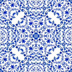 Vignette damask floral Gorgeous seamless grainy gradient blue floral watercolor pattern tiles.