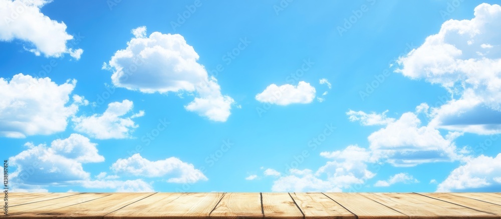 Aufkleber wooden table with blue sky and white clouds background ideal for product display and text insertion 
