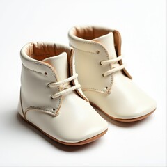 Glossy White Leather Baby Boots with Tied Tan Laces Ready for Wear